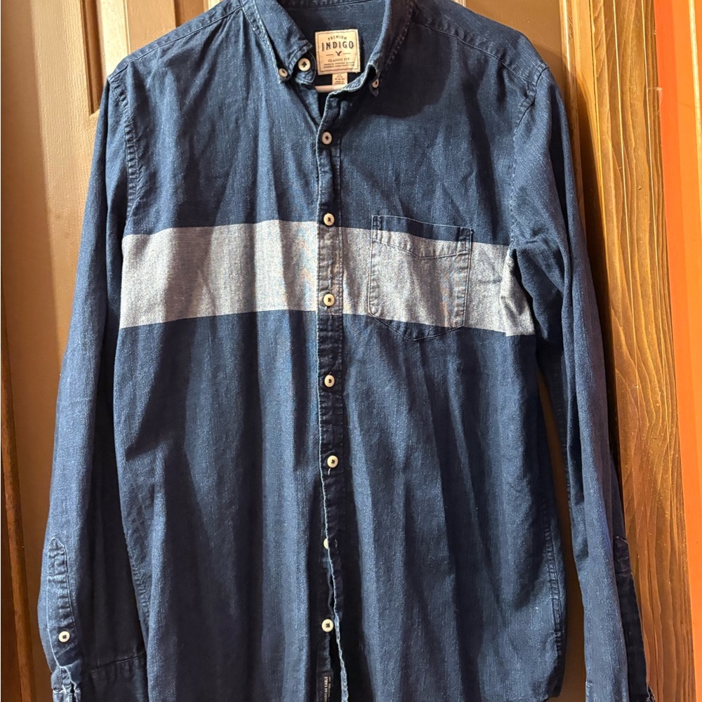 American Eagle Outfitters Navy Blue Shirt with Light Gray Stripe